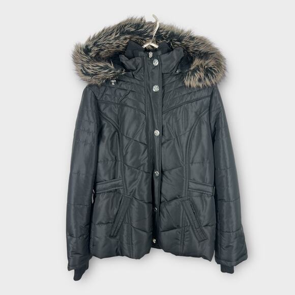 Women's Weather Tamer Medium Black Faux Detachable Fur Hood Puffer Jacker - Picture 1 of 9